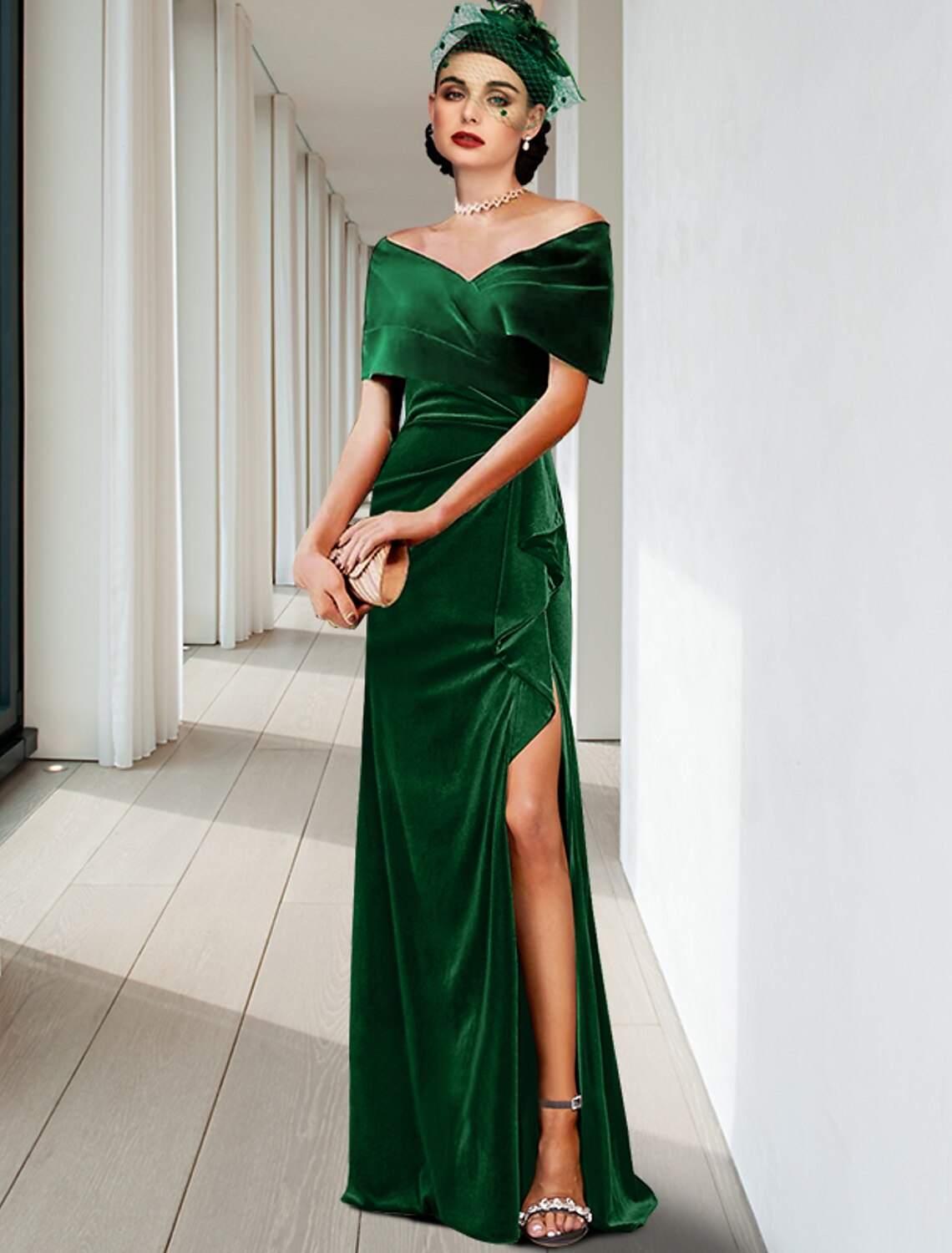 Etuikleid/Säulenkleid, elegantes Abendkleid, Hochzeitsgast, Cocktailparty, bodenlang, ärmellos, V-Ausschnitt, Samt mit Falten, Rüschen